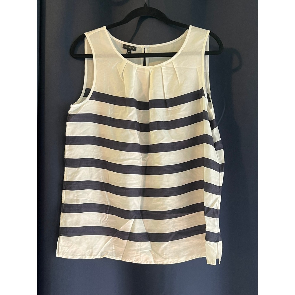Talbots Womens Navy Blue Ivory Striped Pleated Sleeveless Shell Blouse Size 12